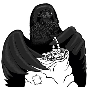 Line art of crow pulling treasures out of bag
