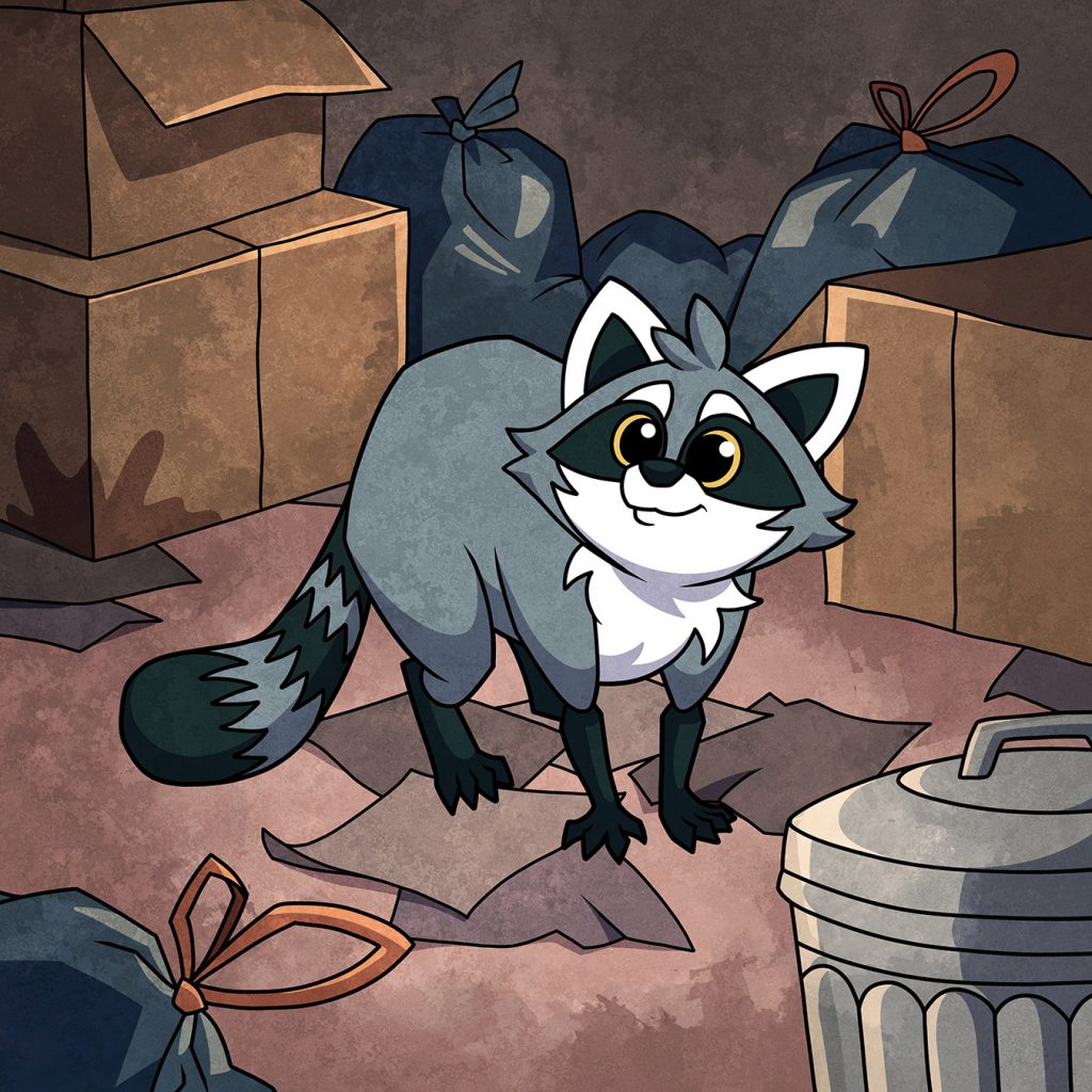 Illustration of a cute raccoon in a cluttered alley.