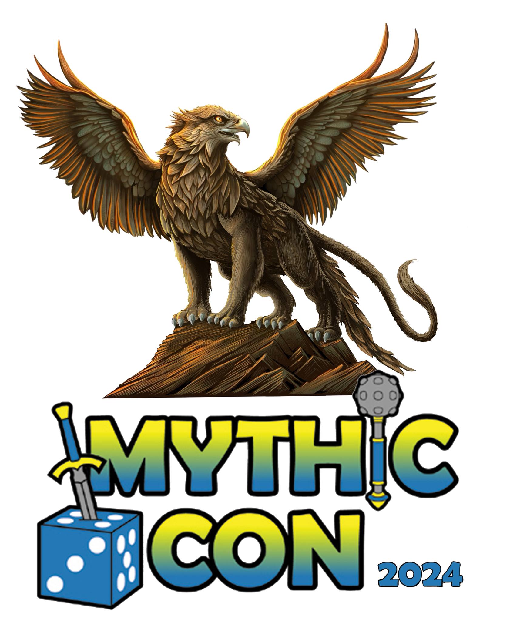 Griffin standing on a rock with Mythic Con logo and 2024 underneath