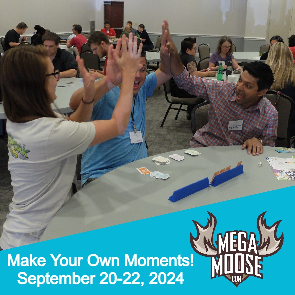 Mega Moose Con Sept 20 - 22 image of three board gamers celebrating a win